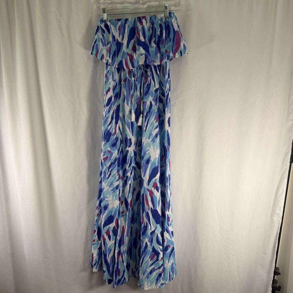 New Japna Maxi Sun Dress Women's XS Blue Strapless Ruffle Trim Side Slit